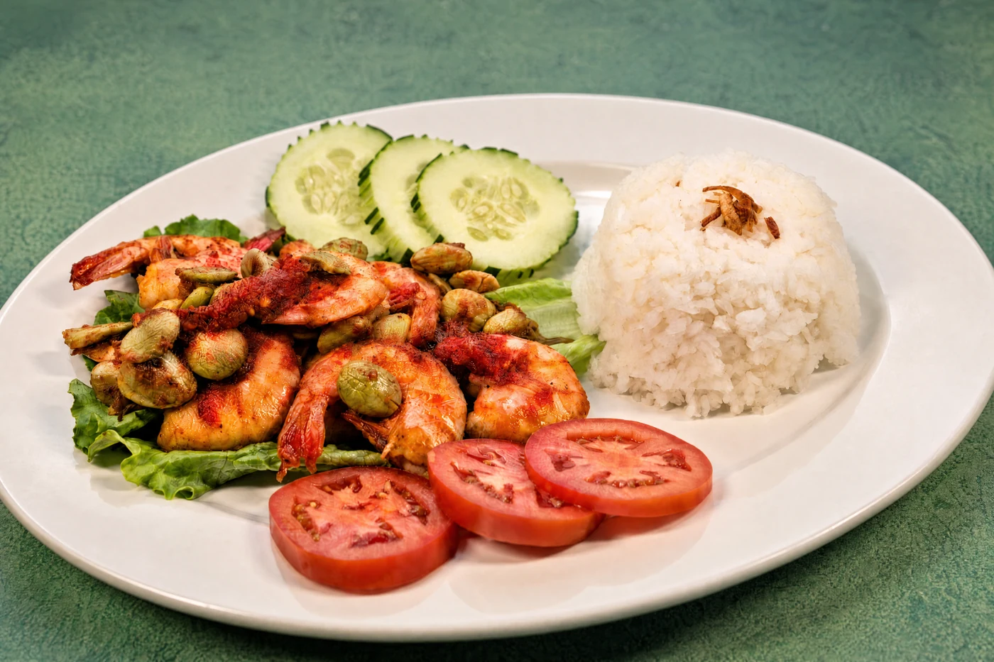 Udang Petai: prawns and petai with red sambal, white rice and fresh vegetables